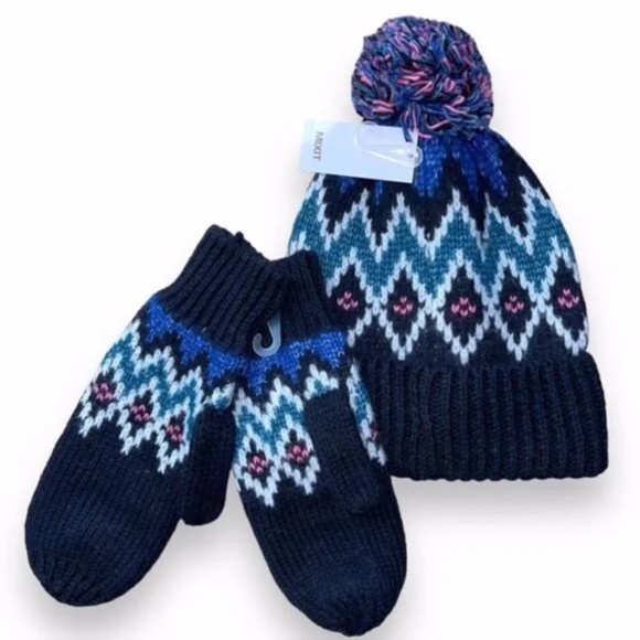 NEW Women's Multicolor Nordic Beanie Pom & Mittens - Picture 1 of 5